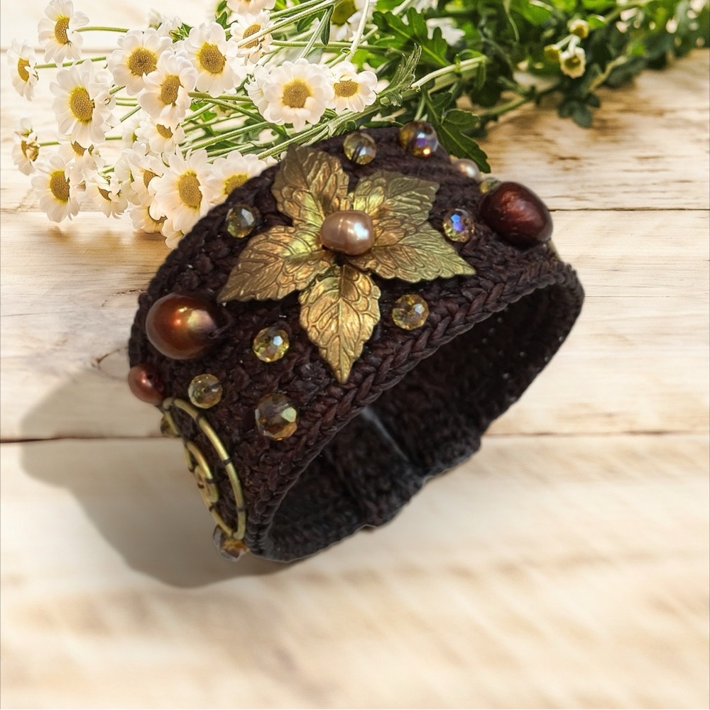 Chocolate Brown Floral Pearl Beaded Cuff Bracelet